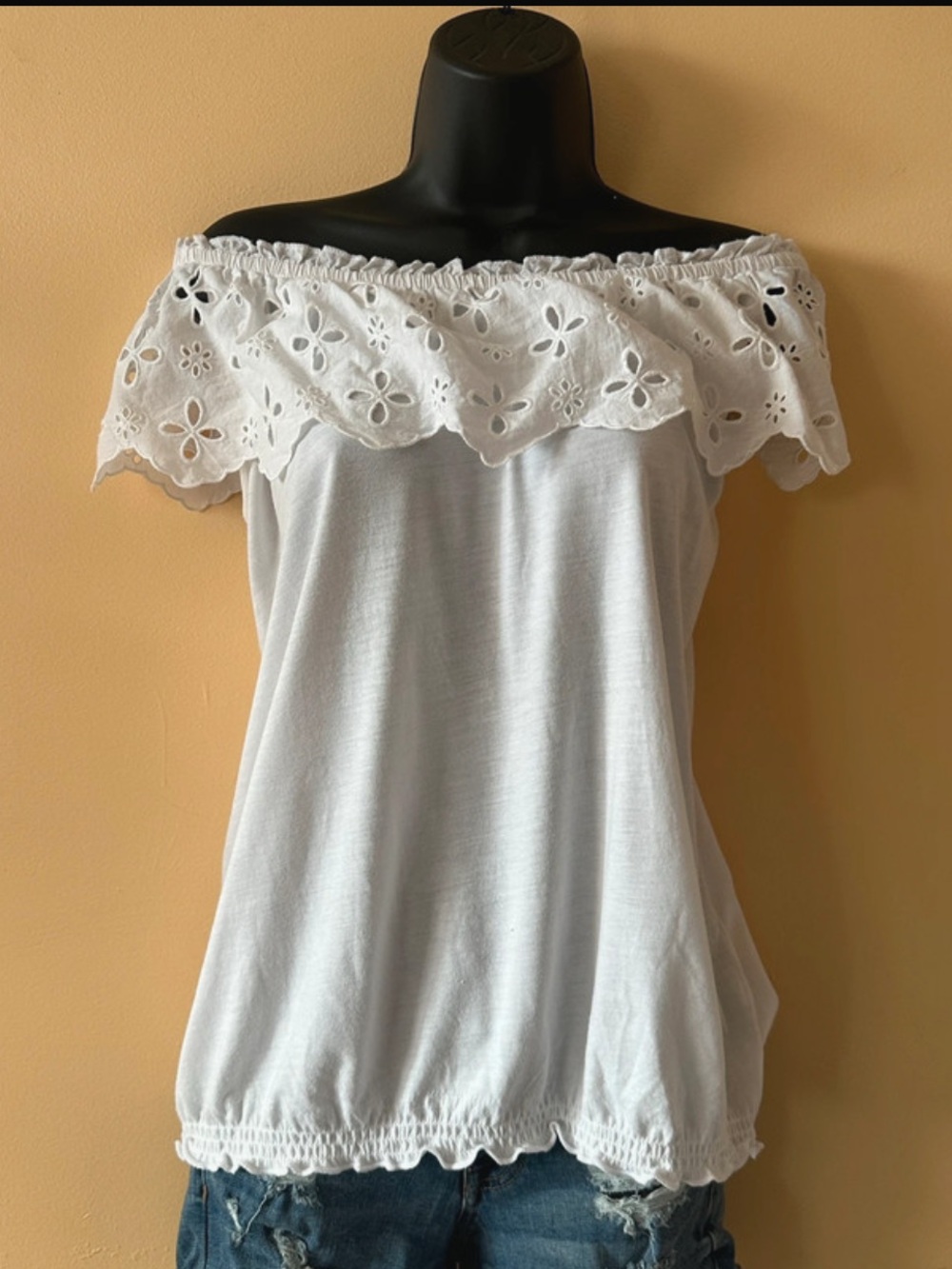 John Paul Richard White Eyelet Off the Shoulder Cotton Blend Boho Top | Size M